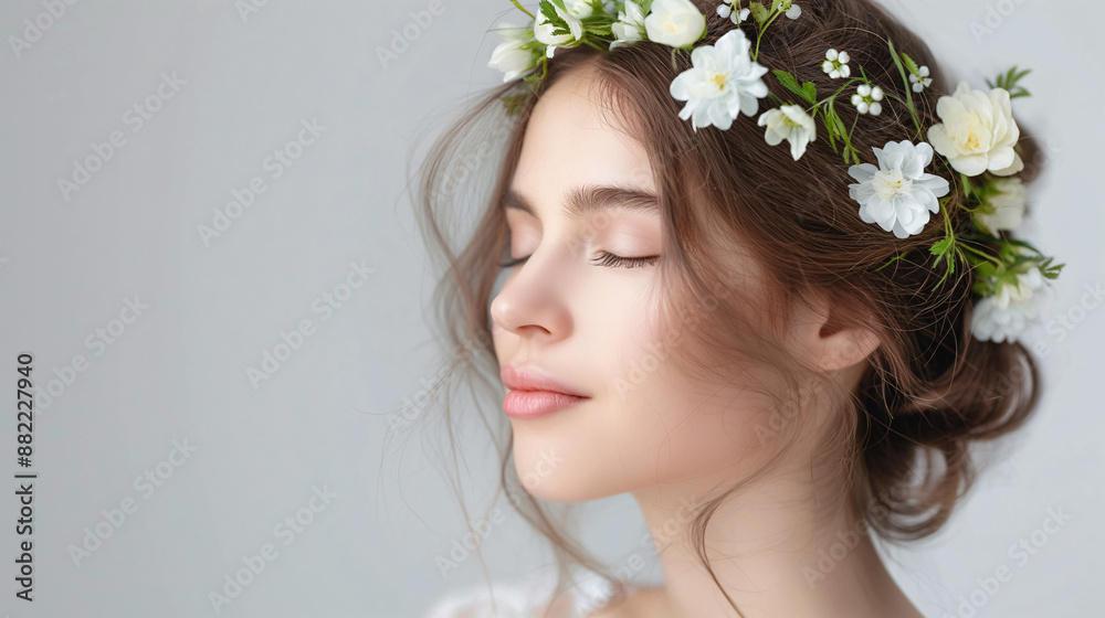 Serene Woman with Flower Crown in Peaceful Portrait Photography Serene Woman with Flower Crown in Peaceful Portrait Photography