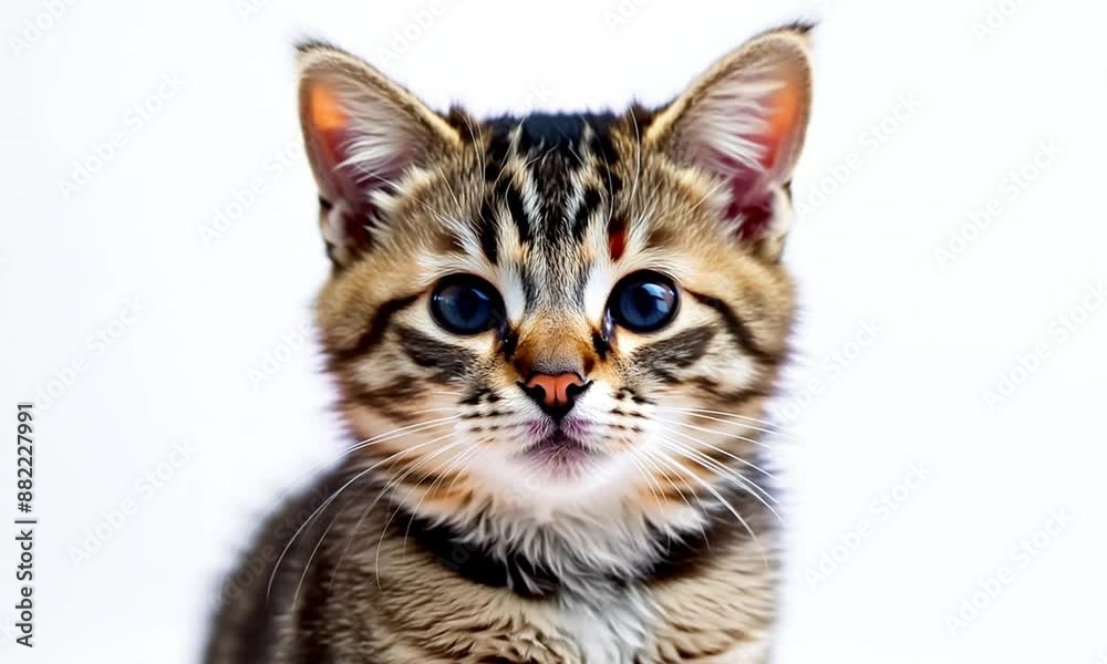 Cute tabby kitten with blue eyes poses playfully against a clean white background, exuding innocence and charm Cute tabby kitten with blue eyes poses playfully against a clean white background, exuding innocence and charm