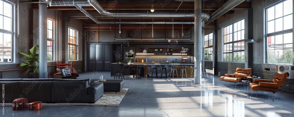 Industrial-style loft with polished concrete floors and exposed ductwork. Industrial-style loft with polished concrete floors and exposed ductwork.