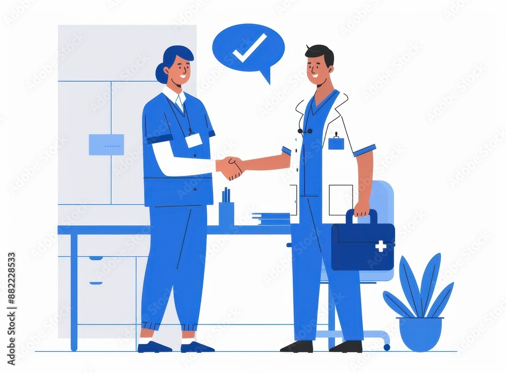 Two people shaking hands in an office setting, simple flat illustration with blue and white colors, simplified shapes, clear lines, minimalistic design, professional atmosphere Generative AI Two people shaking hands in an office setting, simple flat illustration with blue and white colors, simplified shapes, clear lines, minimalistic design, professional atmosphere Generative AI