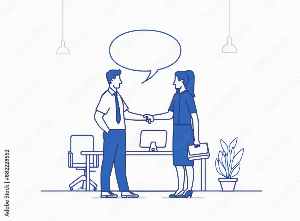 Minimalist UI illustration of two people shaking hands in an office, one person wearing professional attire and holding a briefcase while the other wears casual with a blue line art Generative AI Minimalist UI illustration of two people shaking hands in an office, one person wearing professional attire and holding a briefcase while the other wears casual with a blue line art Generative AI