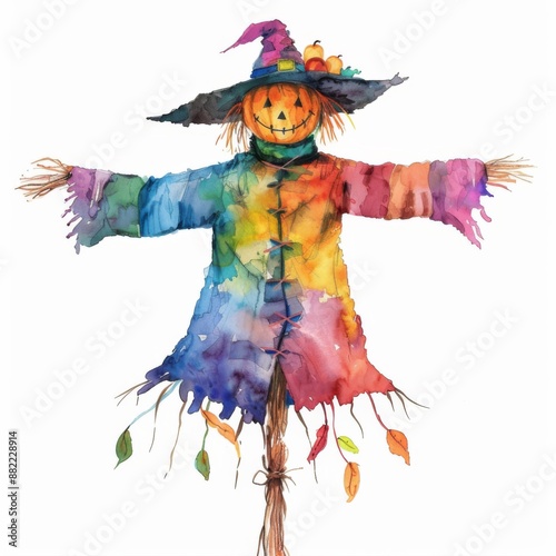 Whimsical Rainbow Scarecrow - Halloween Watercolor Painting on White Background