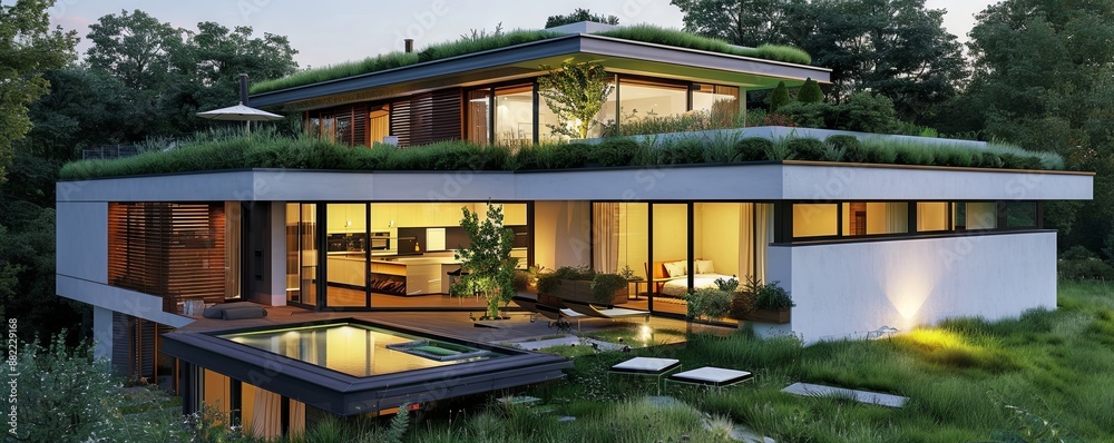 Modern house with a green roof. Modern house with a green roof.