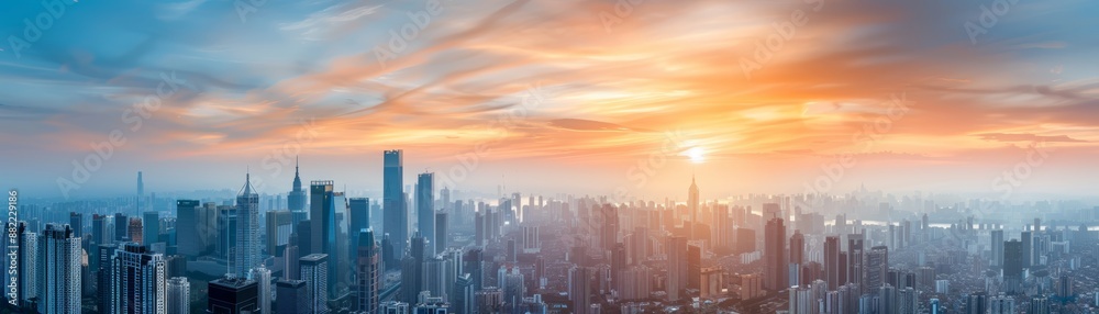 Fototapeta premium Panoramic view of a bustling city skyline at sunset, with vibrant colors painting the sky and modern skyscrapers defining the horizon.