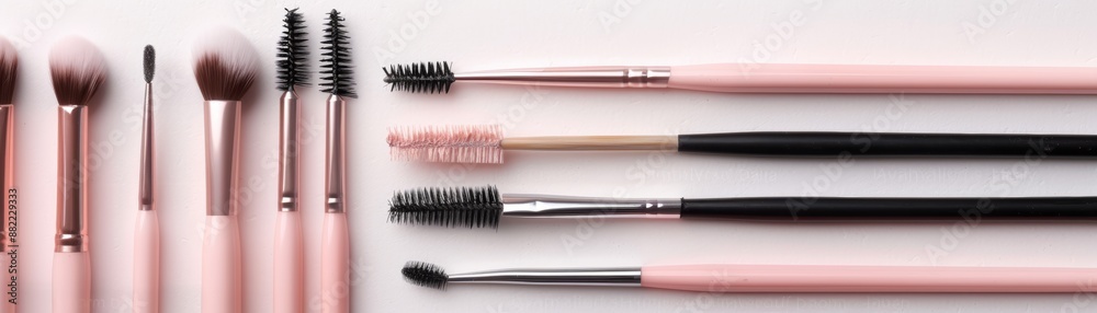 A set of makeup brushes with pink handles on a white background. Perfect for beauty and fashion projects. High-quality image of beauty tools. A set of makeup brushes with pink handles on a white background. Perfect for beauty and fashion projects. High-quality image of beauty tools.