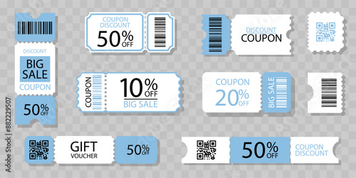 Ticket or coupon promotion illustration set. Collection of voucher, discount coupon, gift voucher, lottery. Template with QR code for design for event, concert, sale. Vector design element