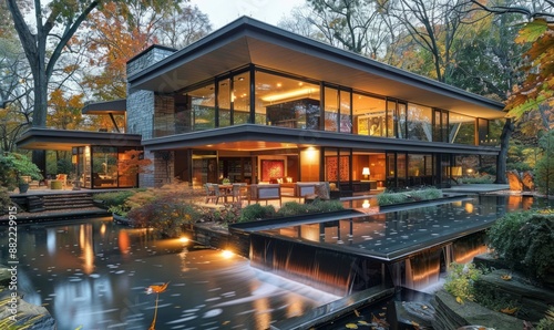 Modernist glass house with innovative architecture.