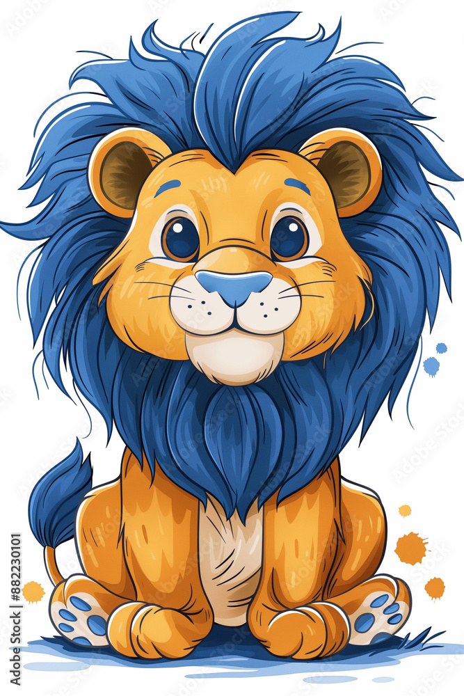 An adorable cartoon lion with a striking blue mane, sitting in a charming pose with a happy expression. An adorable cartoon lion with a striking blue mane, sitting in a charming pose with a happy expression.