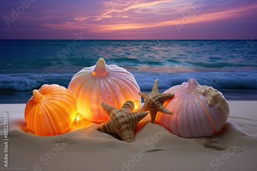 Luminous Pumpkins on the Beach at Sunset. photo