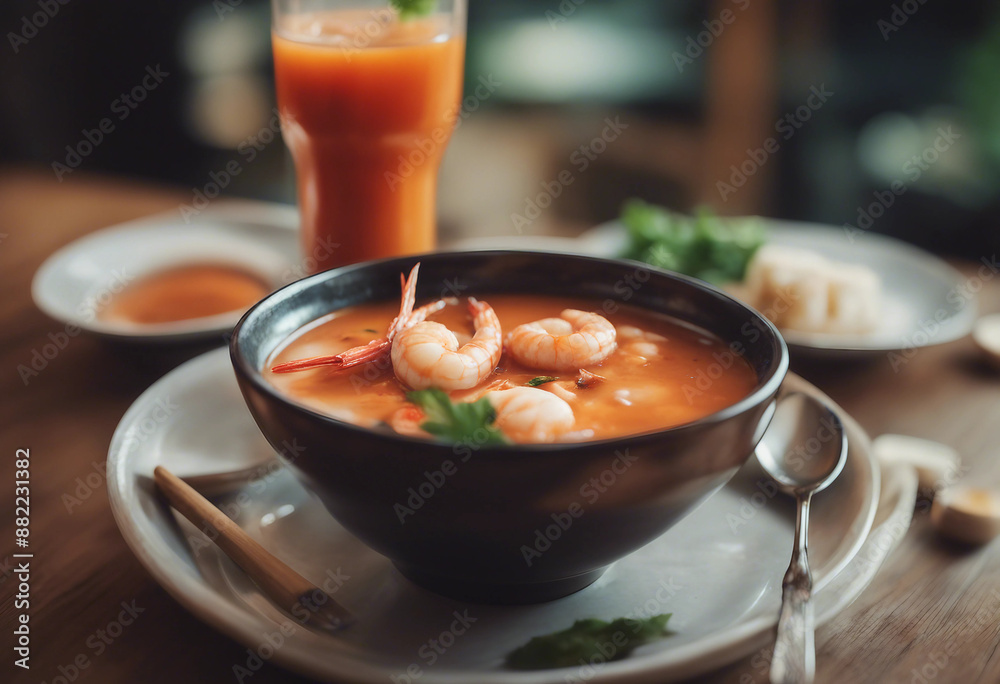 Tom yum soup with prawns and galangal in a deep bowl with a glass of Thai iced tea in a stylish Thai
Tom yum soup with prawns and galangal in a deep bowl with a glass of Thai iced tea in a stylish Thai