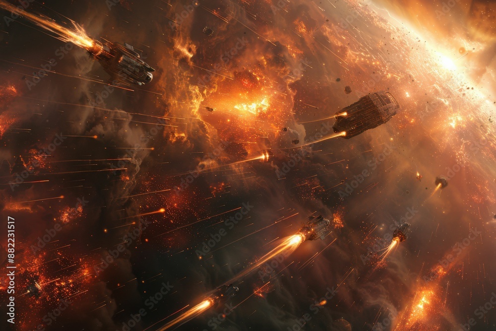 Fototapeta premium Epic Space Battle with Spaceships and Explosions in a Fiery Galactic War Scene