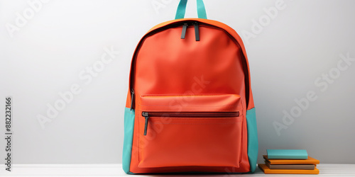 School red backpack on an empty table on the background of an empty white wall. Back to school. Banner. Copy space. Mock up.