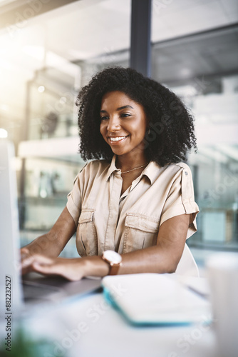 Office, black woman and writer with laptop for research, typing and information for news article with technology. Workplace, computer and digital journalist for planning, reading and creative writing