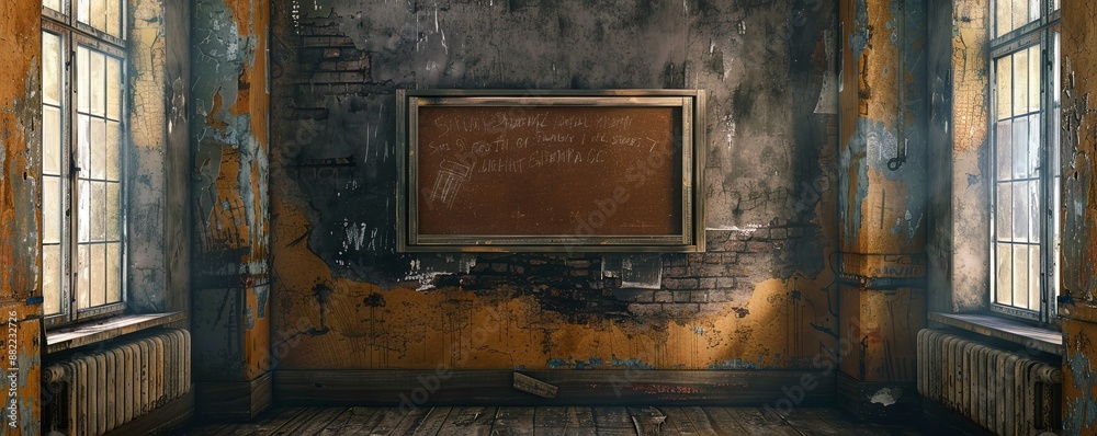 Rustic hallway with an empty message board. Rustic hallway with an empty message board.
