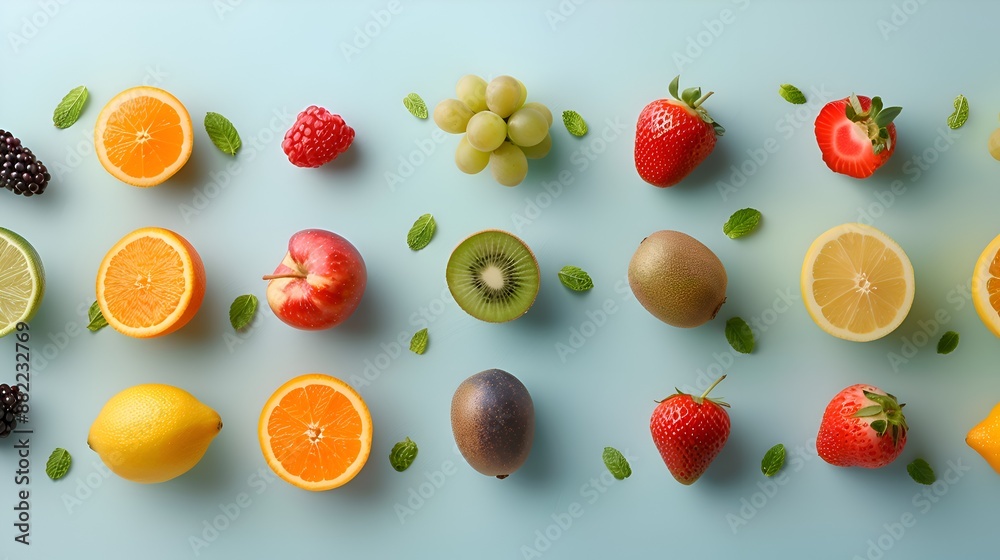 A close-up photo of a variety of fresh fruits and vegetables on a green background. A close-up photo of a variety of fresh fruits and vegetables on a green background.