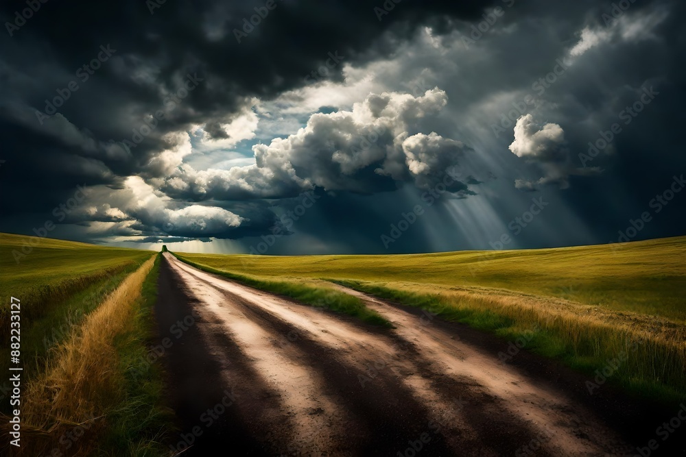 Road in field and stormy clouds. Road in field and stormy clouds.