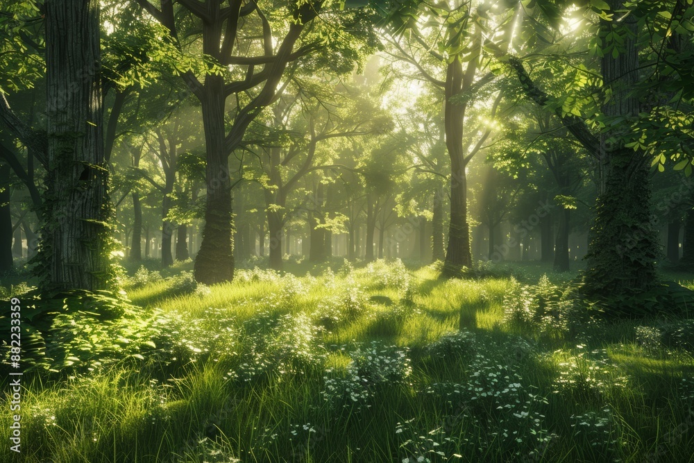 Obraz premium Enchanting forest glade with sunlight streaming through the trees, illuminating the lush foliage.