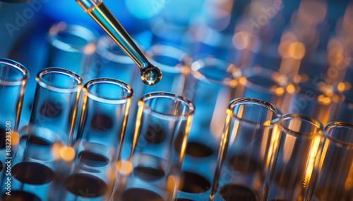 Banner image of pipette dispensing liquid into a row of glass test tubes, lab setting