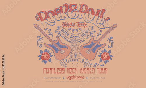 Guitar with flower Fearless music tour. Tiger vintage vector t shirt design. Rock and roll with wing logo artwork for apparel and others.