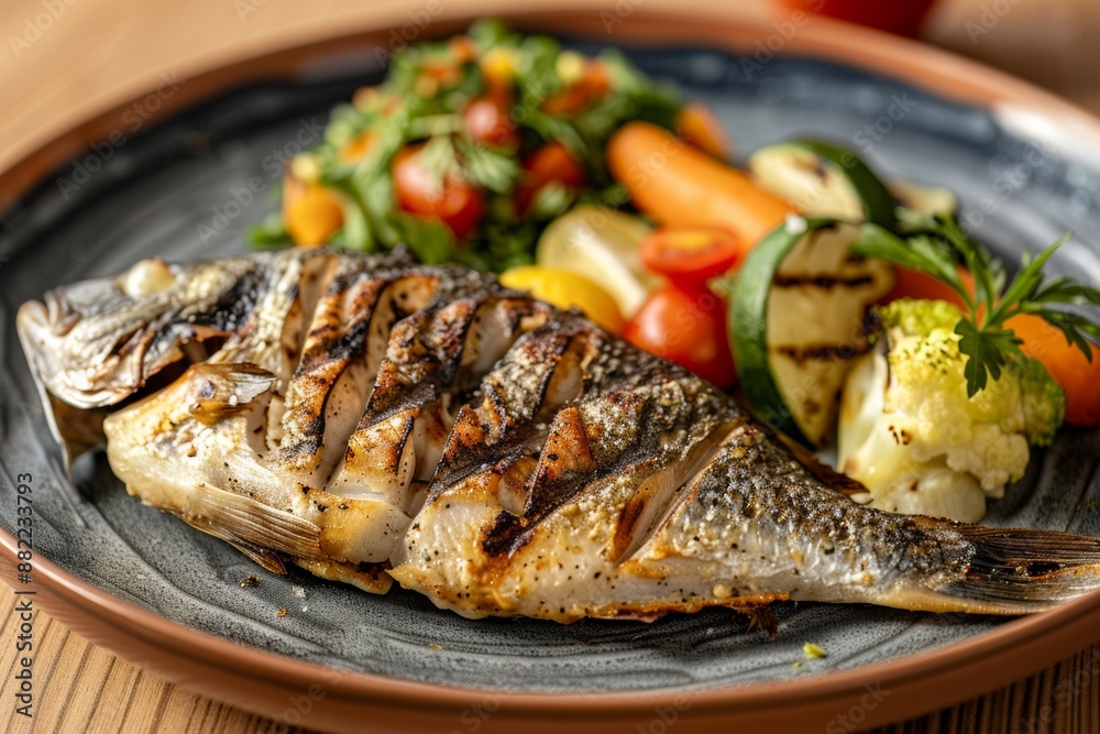 Freshly grilled fish served with a side of steamed vegetables, promoting a balanced and healthy diet. Freshly grilled fish served with a side of steamed vegetables, promoting a balanced and healthy diet.