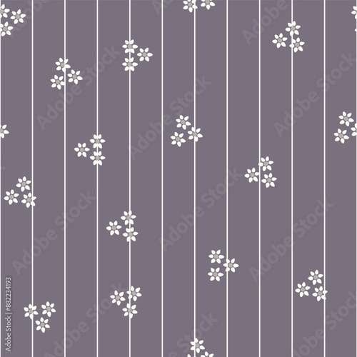 Ditsy White Flowers Scattered over a Pinstriped Charcoal Background creating a seamless pattern print background