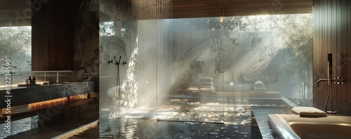 Spa-like bathroom with a rain shower and marble accents.