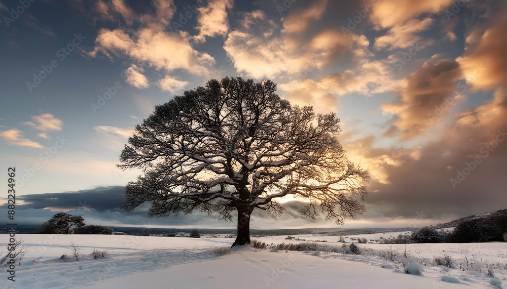 Landscape of big tree and dramatic sky in winter on digital art concept, Generative AI. Landscape of big tree and dramatic sky in winter on digital art concept, Generative AI.