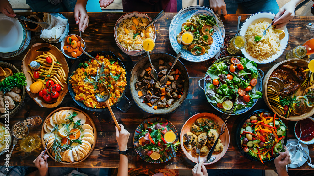 A diverse selection of homemade dishes at a community potluck dinner, showcasing different cultures' flavors.