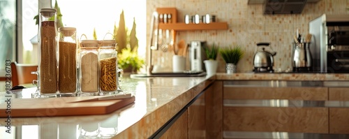 Upscale kitchen with an empty marble spice rack.