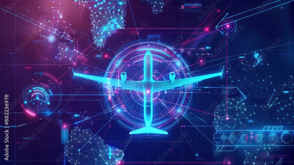 Airplane on Digital World Map Airplane on Digital World Map