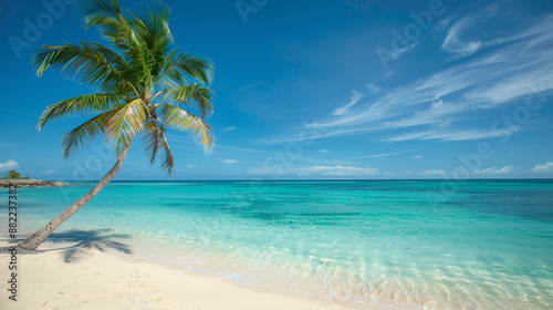 A tropical beach with a single palm tree and crystal-clear water, ideal for a peaceful and relaxing vacation experience.