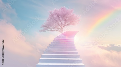 A tree is growing on a staircase that leads to a rainbow