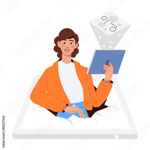 A flat illustration showing a person using ar technology 

