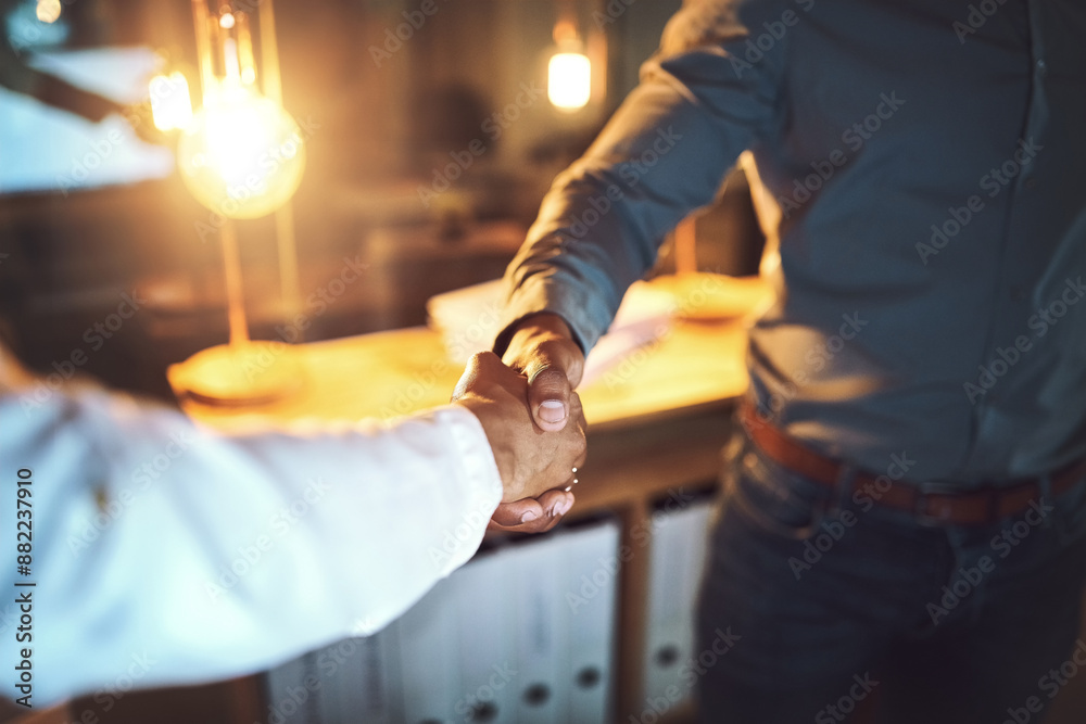 Obraz premium Team, business people and shaking hands for helping, introduction and meeting at night in office. Corporate career, employees and partnership with handshake for welcome, project deal and thank you