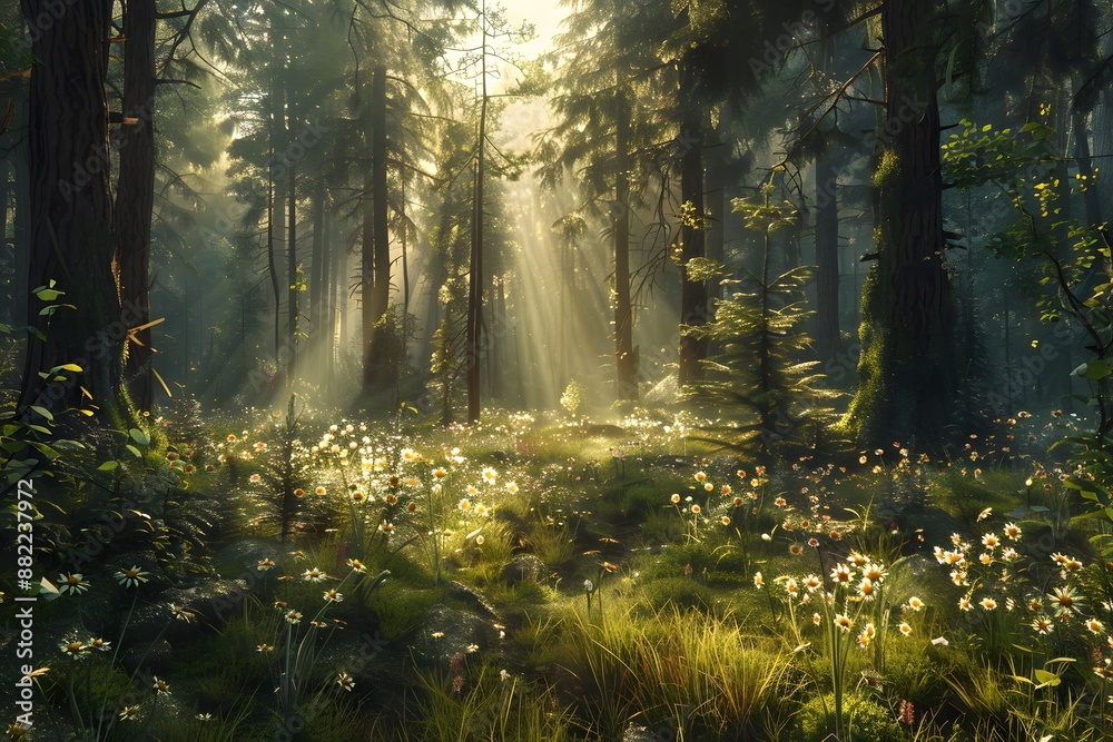Obraz premium Sunlight streaming through a lush forest with blooming wildflowers and dense green foliage.