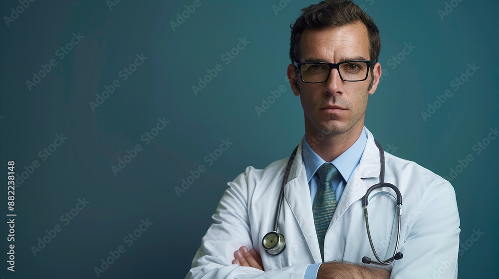 A serious-looking doctor in a white coat and glasses with a stethoscope, standing confidently against a blue background. This image conveys professionalism and trust in healthcare. A serious-looking doctor in a white coat and glasses with a stethoscope, standing confidently against a blue background. This image conveys professionalism and trust in healthcare.