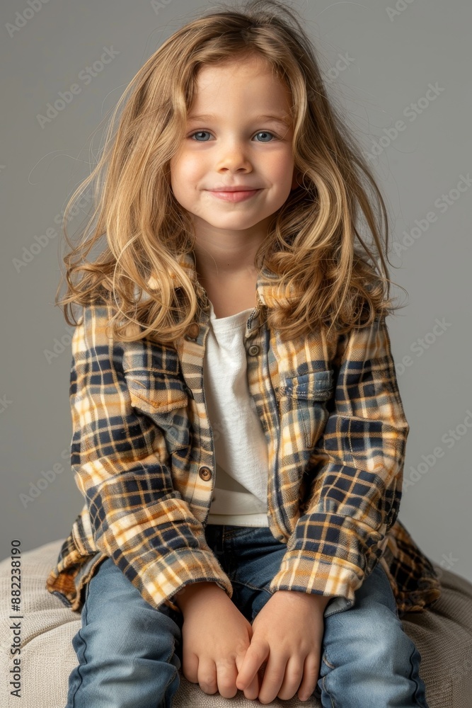 56 Child model sitting on a pouf, looking happy and playful, dressed in chic fashion. Full body, realistic, simple solid background, studio lighting 56 Child model sitting on a pouf, looking happy and playful, dressed in chic fashion. Full body, realistic, simple solid background, studio lighting