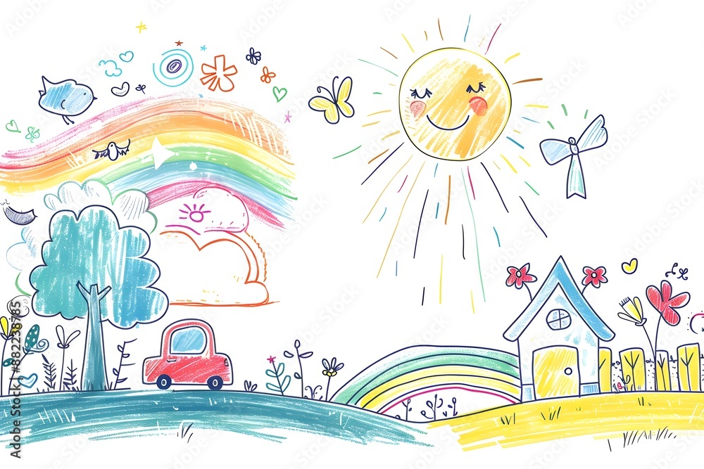 Colorful childlike drawing of a sunny day with a rainbow, house, and car. Colorful childlike drawing of a sunny day with a rainbow, house, and car.
