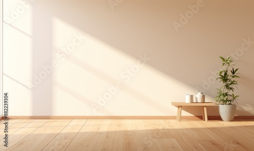 Sunlight Streaming Through Window into Empty Room with Wooden Floor and House Plant. Minimalist Living Room Design white Wall background