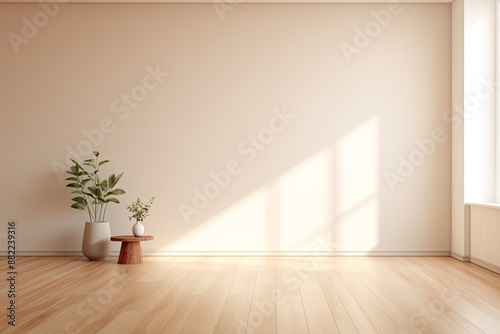Sunlight Streaming Through Window into Empty Room with Wooden Floor and House Plant. Minimalist Living Room Design white Wall background