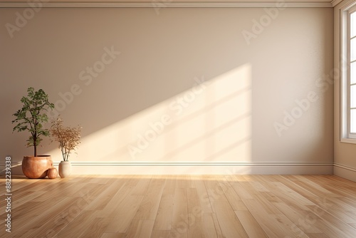 Sunlight Streaming Through Window into Empty Room with Wooden Floor and House Plant. Minimalist Living Room Design white Wall background
