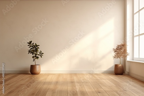 Sunlight Streaming Through Window into Empty Room with Wooden Floor and House Plant. Minimalist Living Room Design white Wall background