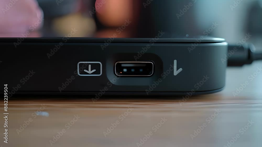 A detailed shot of the charging port on a streaming device with a small icon indicating which direction to insert the cord. A detailed shot of the charging port on a streaming device with a small icon indicating which direction to insert the cord.