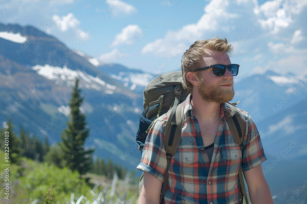 Sporty man with backpack looking on mountain valley. Landscape with traveler, foggy hills, forest, cloudy sky Sporty man with backpack looking on mountain valley. Landscape with traveler, foggy hills, forest, cloudy sky