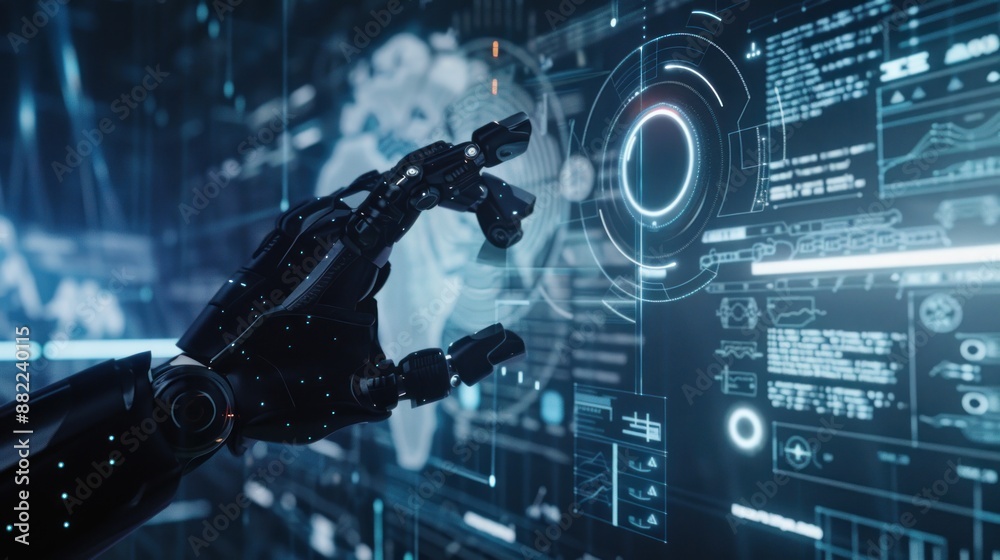 Robotic Hand Interacting With Futuristic Interface Robotic Hand Interacting With Futuristic Interface