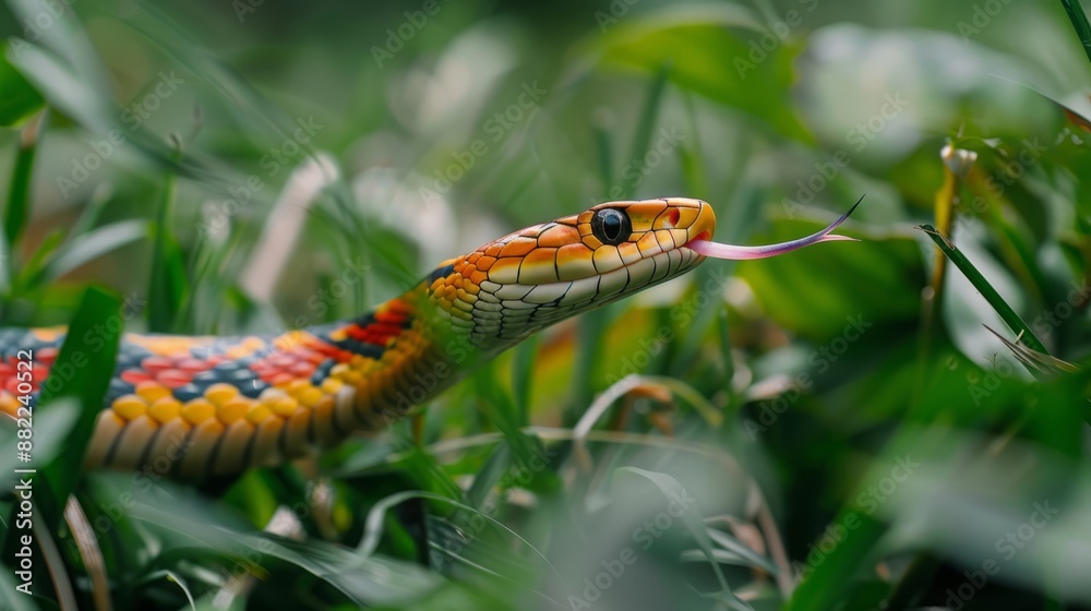 Vibrant Colorful Snake in Natural Habitat Among Green Foliage Vibrant Colorful Snake in Natural Habitat Among Green Foliage