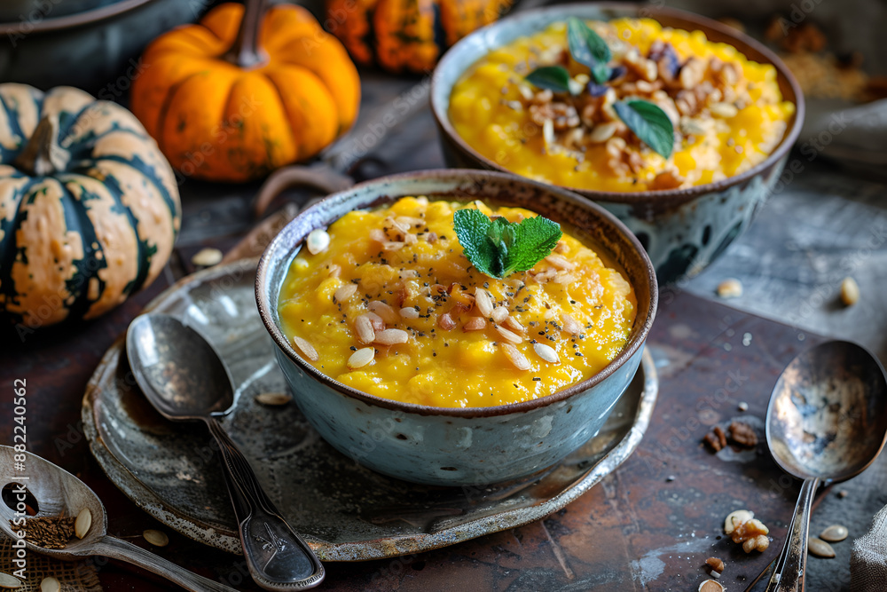 Pumpkin Soup, Tasty Homemade Pumpkin, Sweet Potato or Carrot Soup in a Bowl on Bright Background Pumpkin Soup, Tasty Homemade Pumpkin, Sweet Potato or Carrot Soup in a Bowl on Bright Background