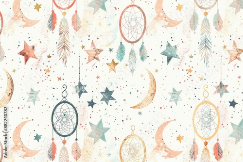 A whimsical hand-drawn Boho pattern featuring dreamcatchers, crescent moons, and stars.