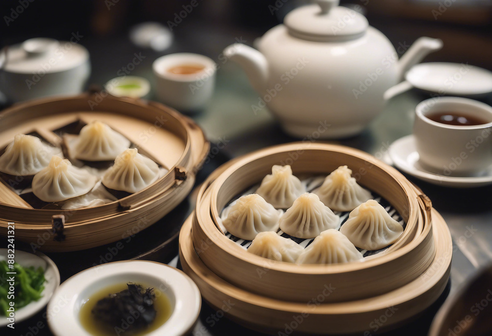 Fototapeta premium Xiao long bao with black truffle and vinegar in a bamboo steamer with a pot of green tea in a luxuri. 