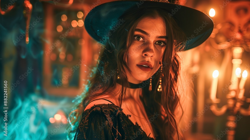 A woman in a black hat and dress is standing in front of a lit candle A woman in a black hat and dress is standing in front of a lit candle